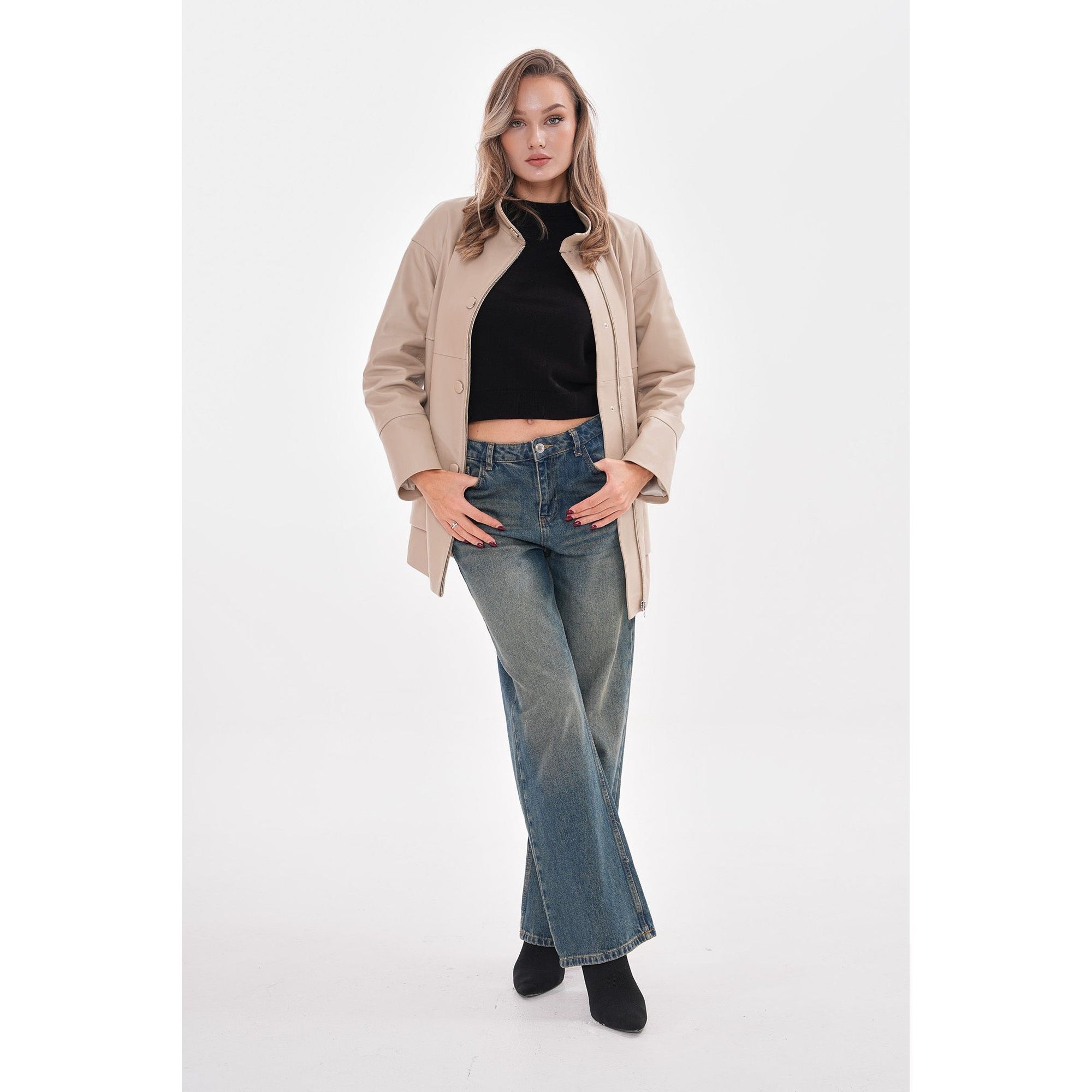 The Lioara Cream Leather Women Jacket