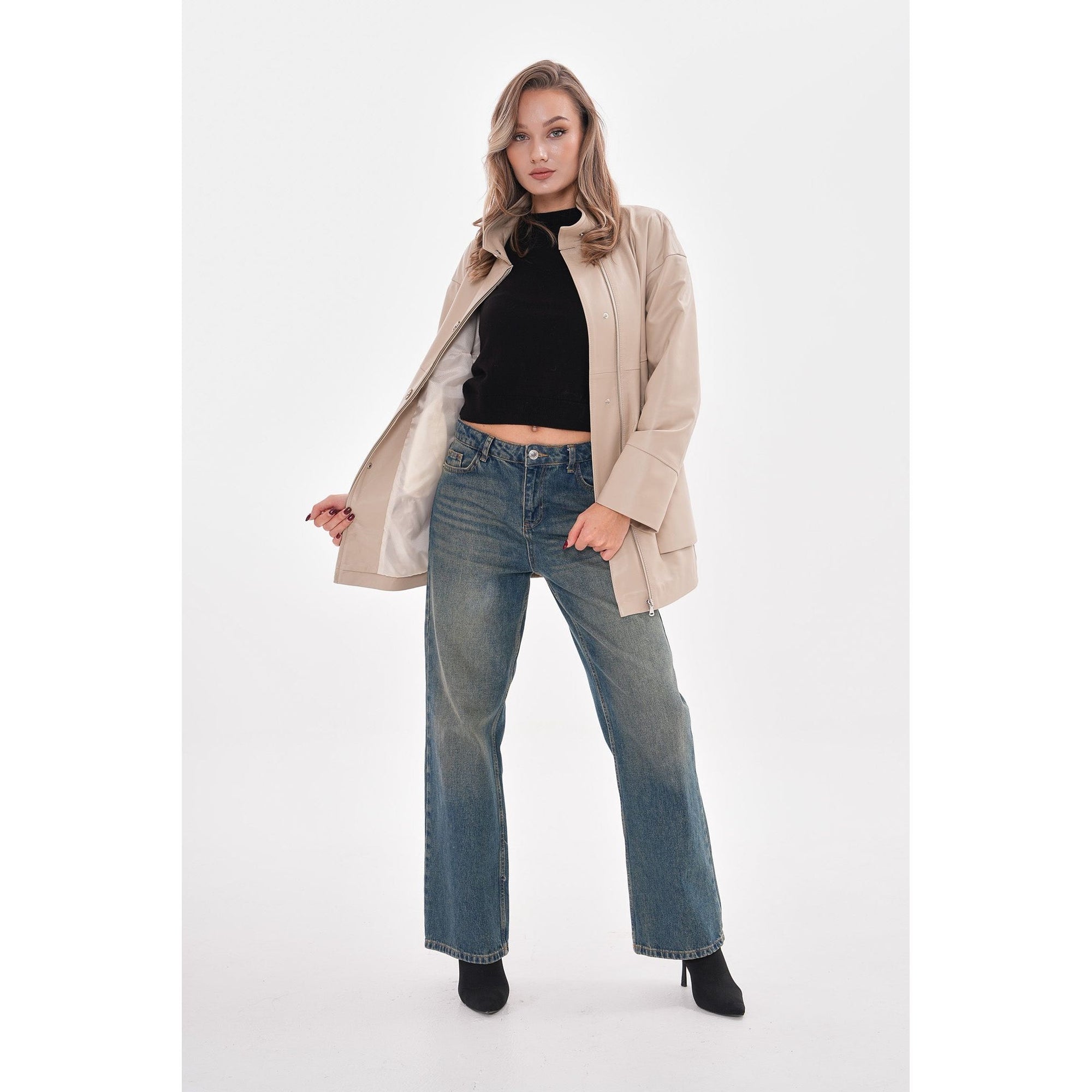 The Lioara Cream Leather Women Jacket
