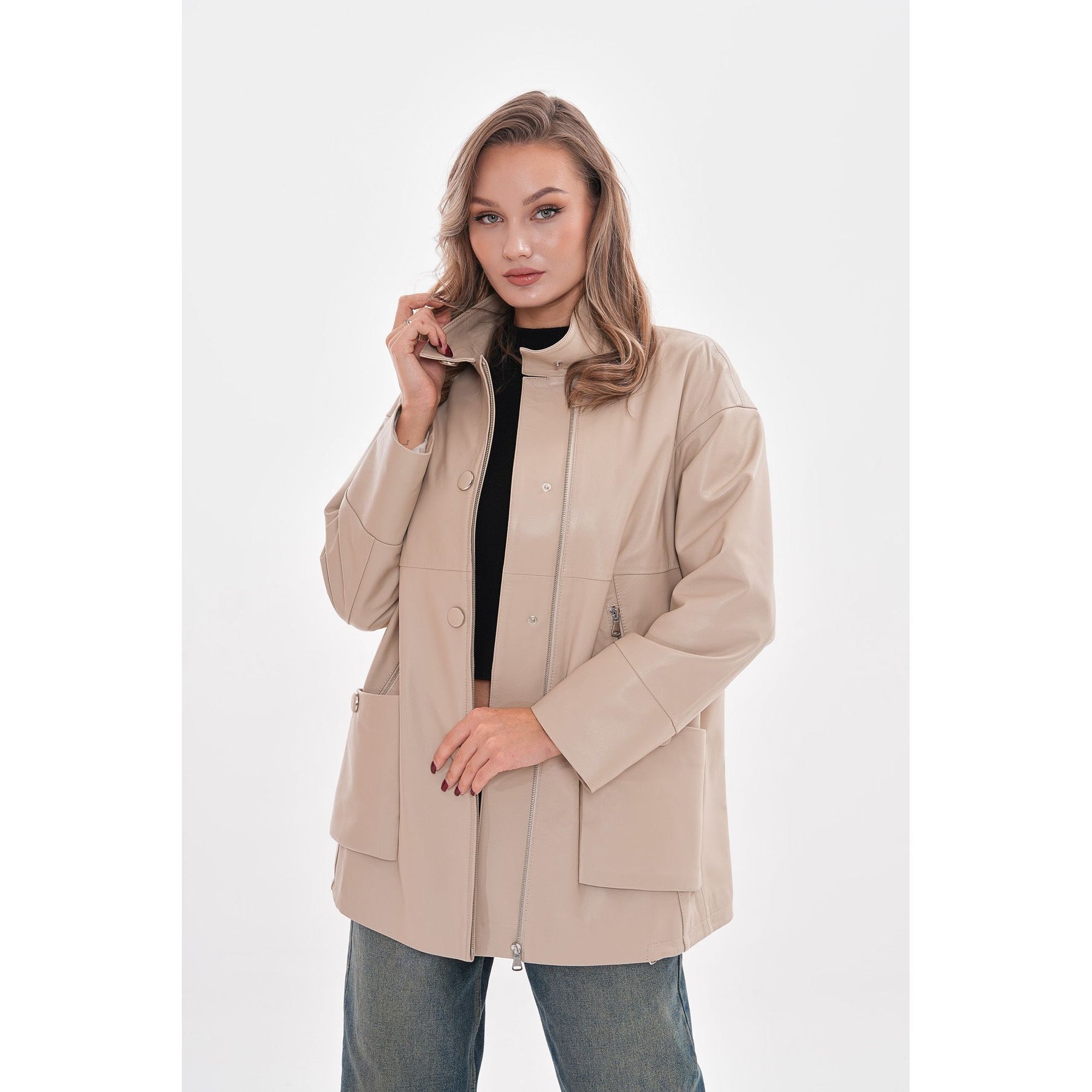 The Lioara Cream Leather Women Jacket