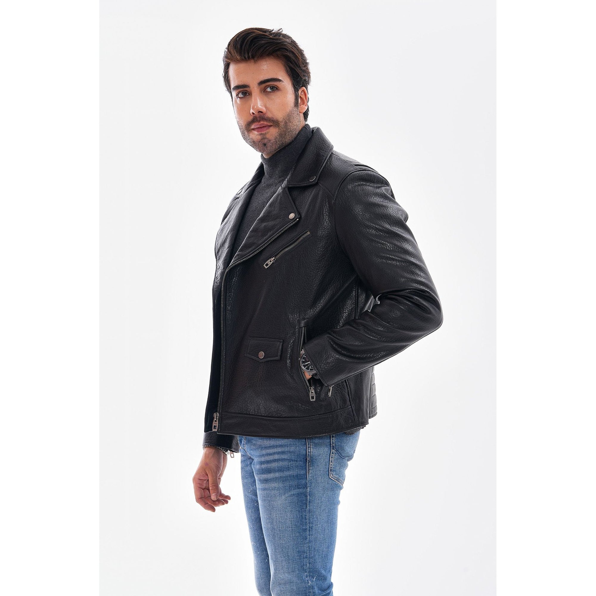 The Volt Textured Black Leather Men Jacket