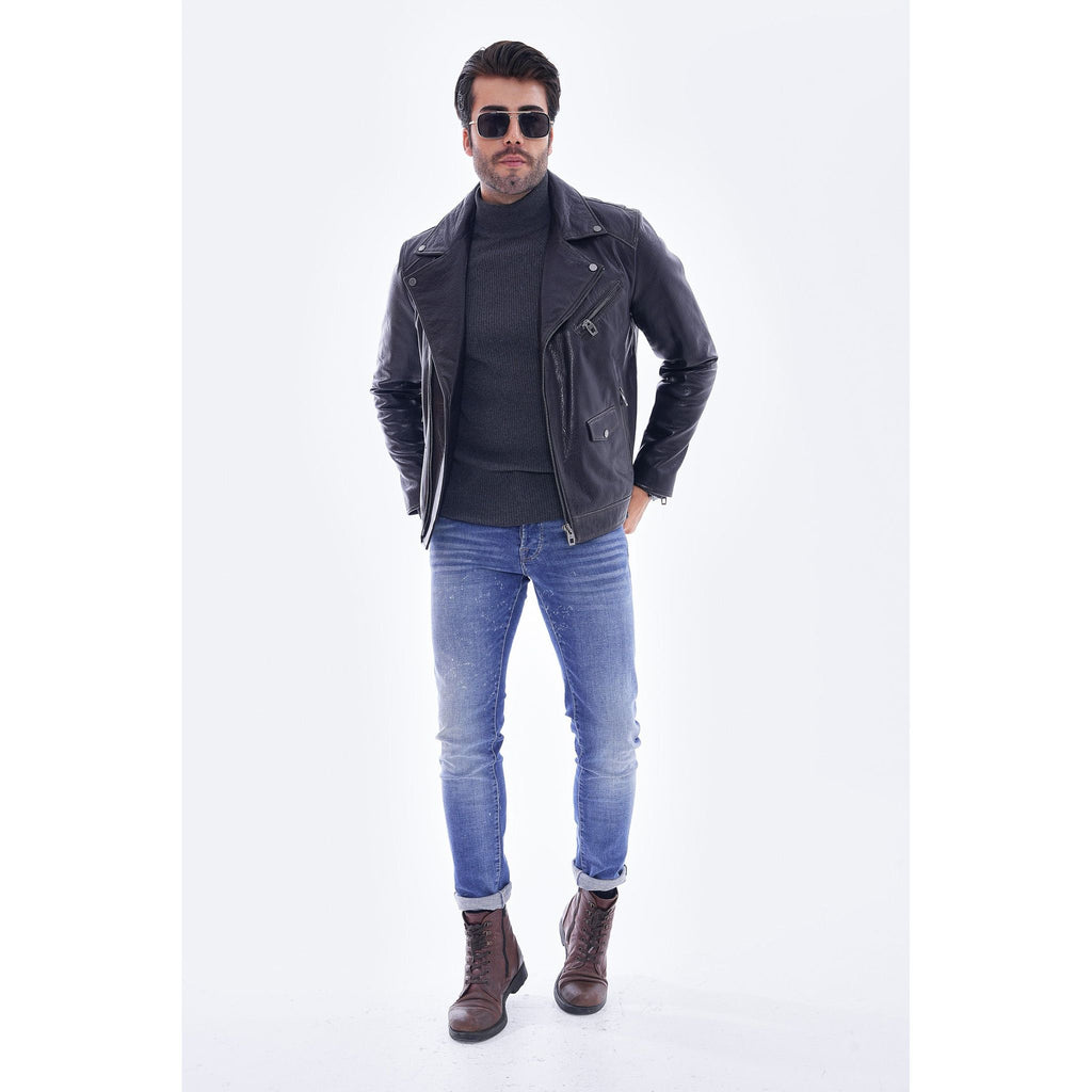 The Volt Textured Navy Blue Leather Men Jacket