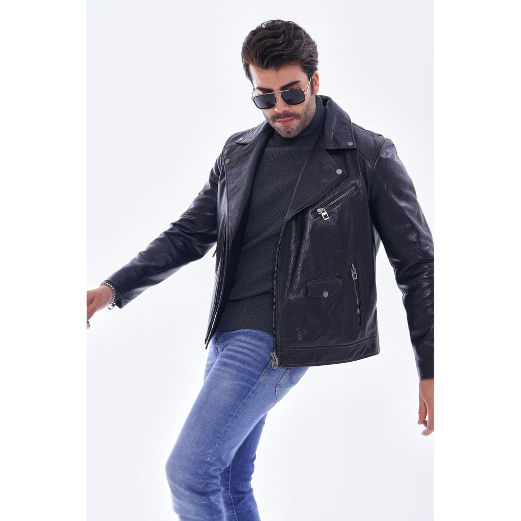 The Volt Textured Navy Blue Leather Men Jacket