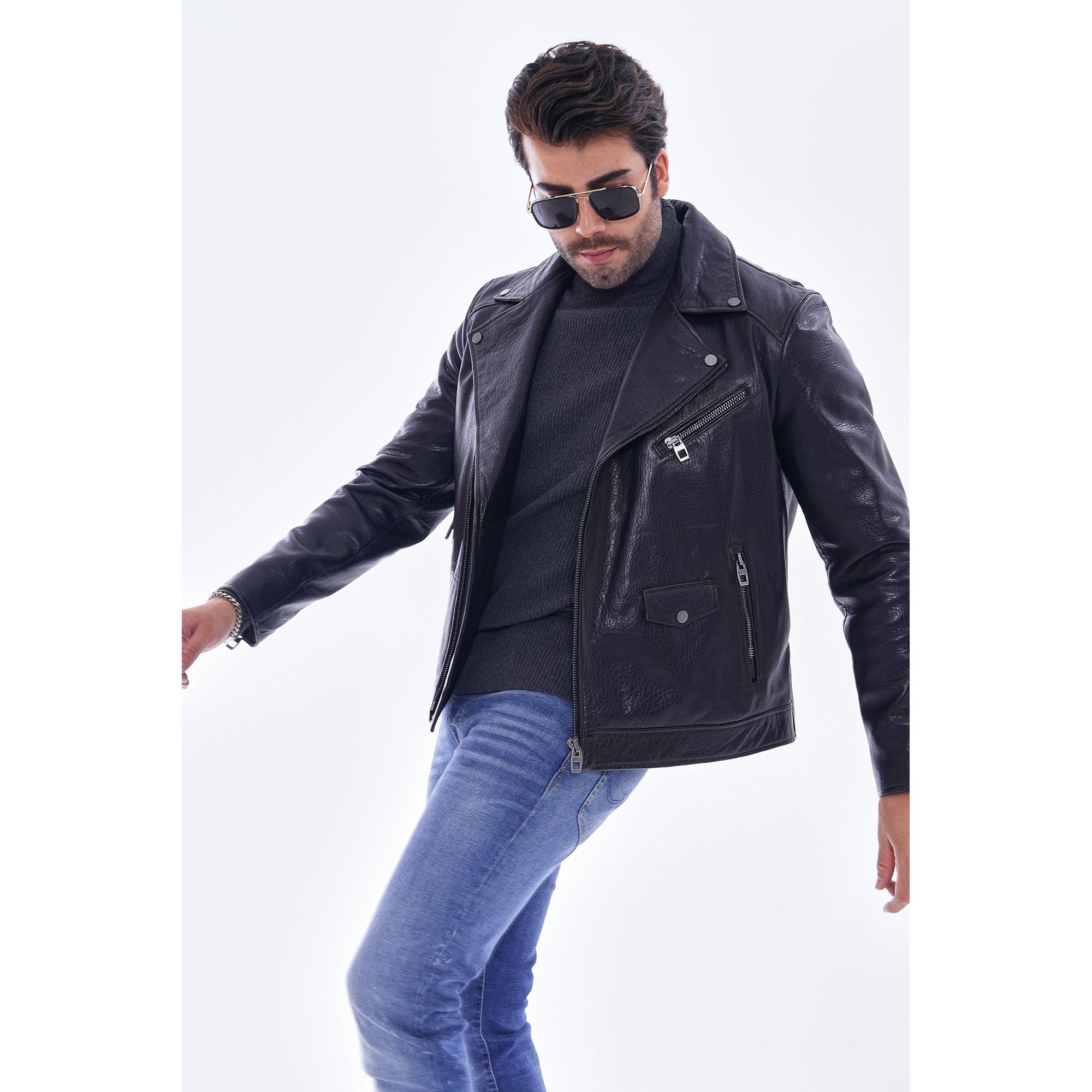 The Volt Textured Navy Blue Leather Men Jacket