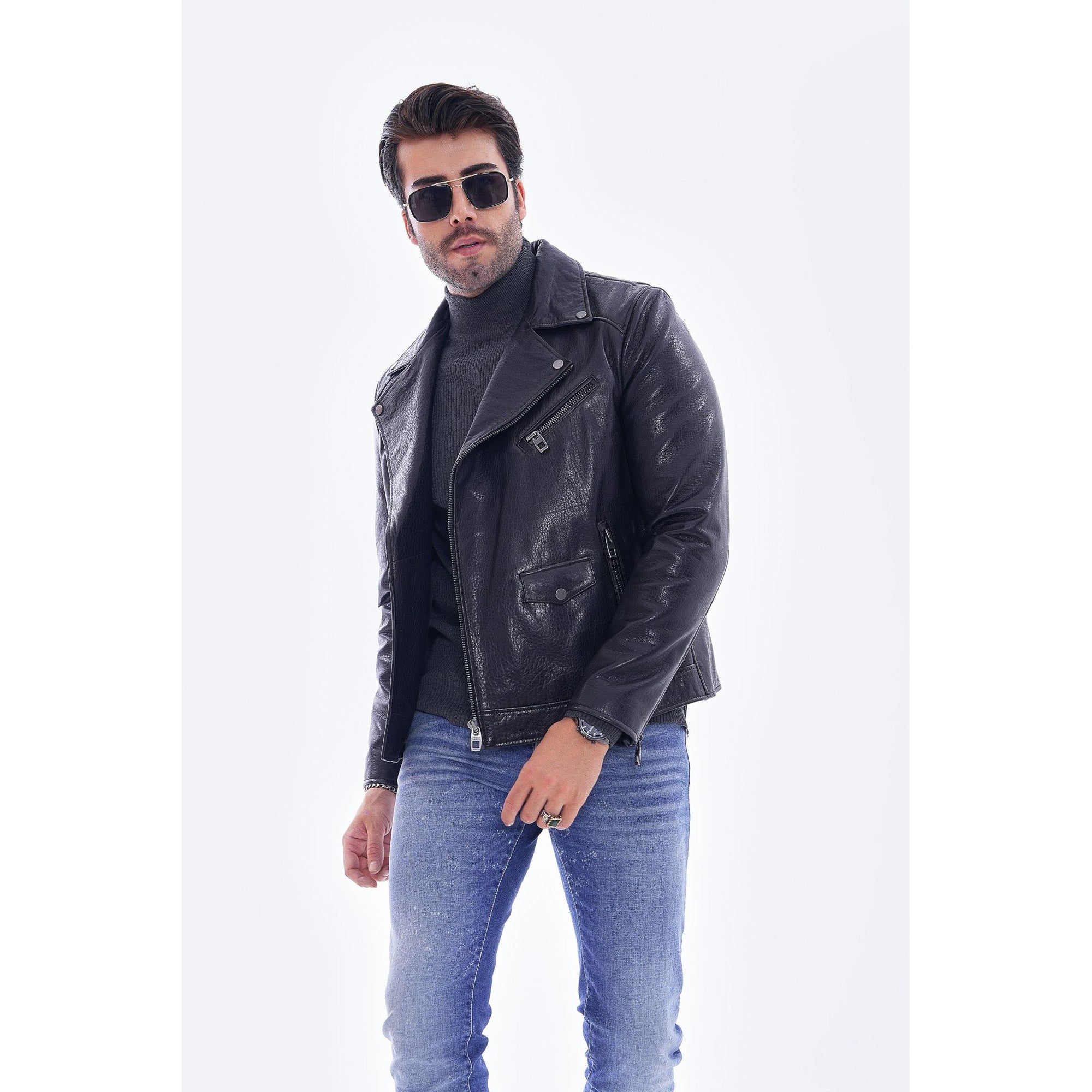 The Volt Textured Navy Blue Leather Men Jacket
