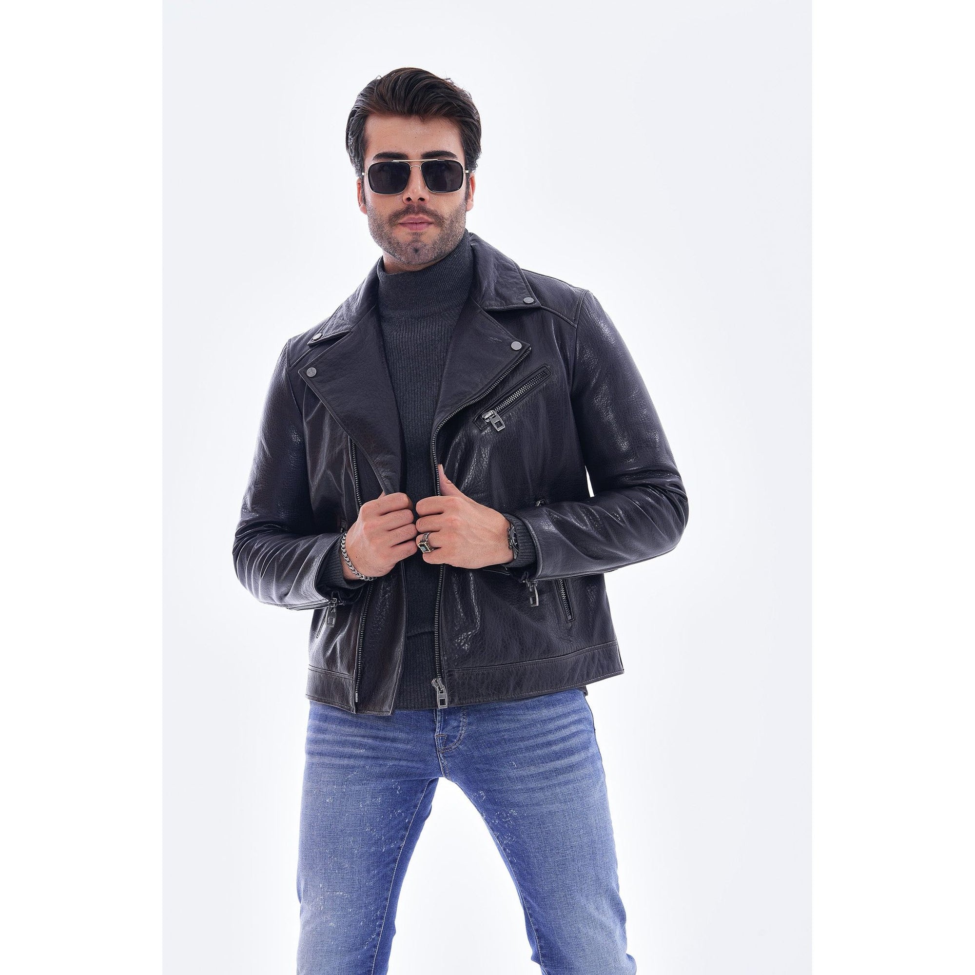 The Volt Textured Navy Blue Leather Men Jacket