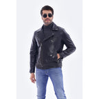 The Volt Textured Navy Blue Leather Men Jacket