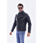 The Volt Textured Navy Blue Leather Men Jacket
