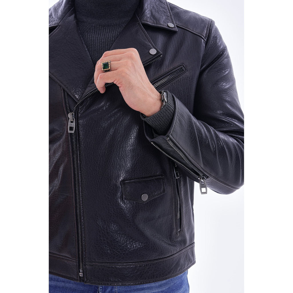 The Volt Textured Navy Blue Leather Men Jacket