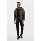 The Veneto Khaki Leather Hooded Men Jacket