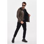 The Veneto Khaki Leather Hooded Men Jacket