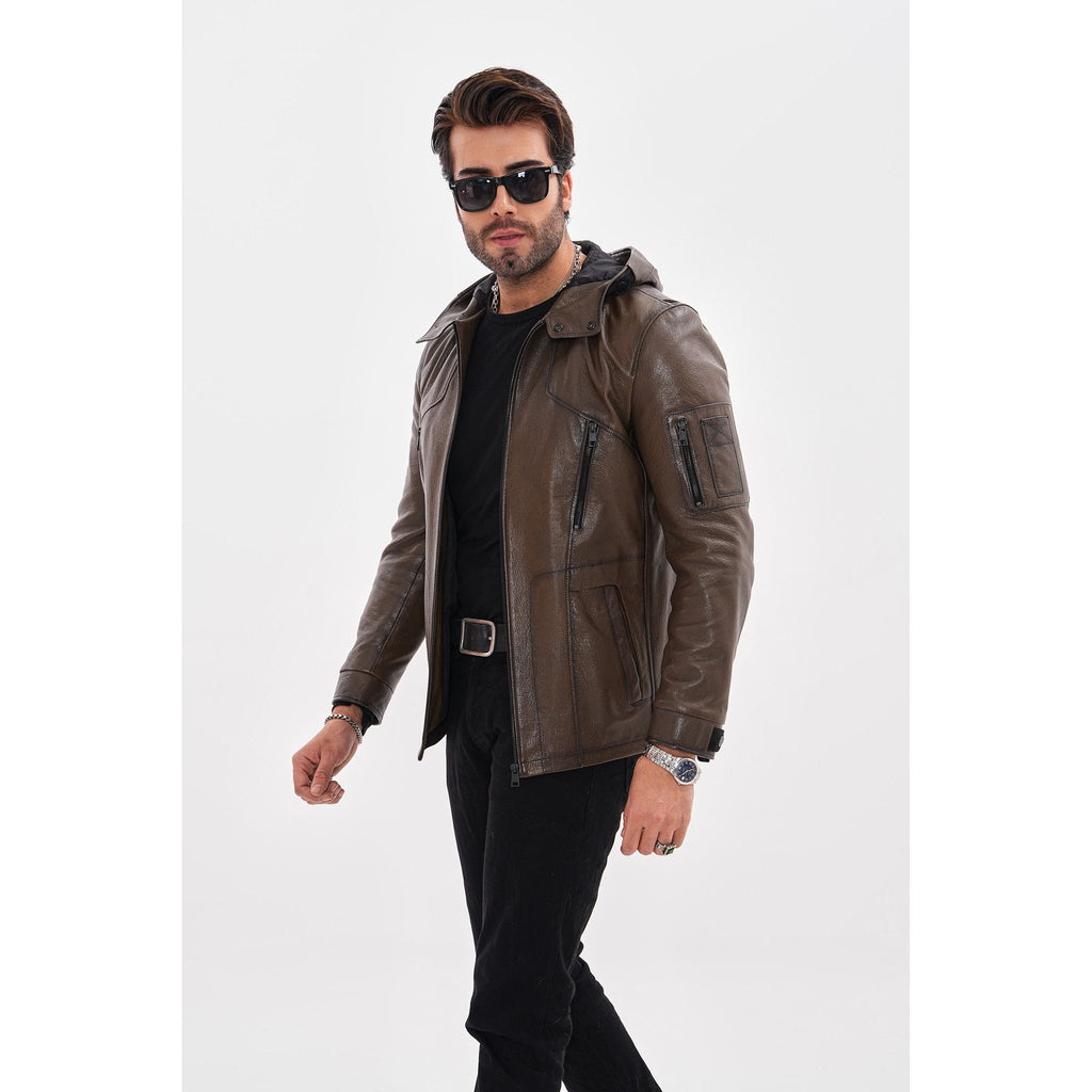 The Veneto Khaki Leather Hooded Men Jacket