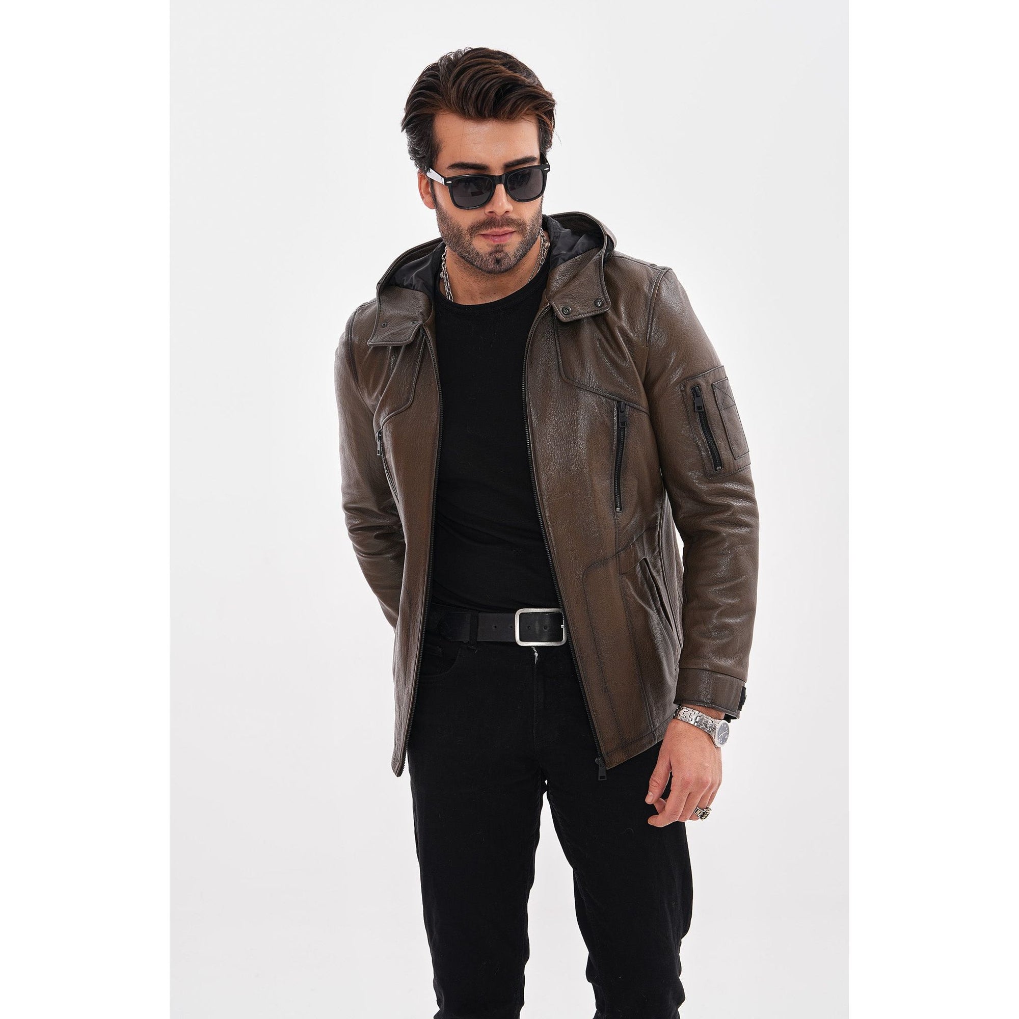 The Veneto Khaki Leather Hooded Men Jacket