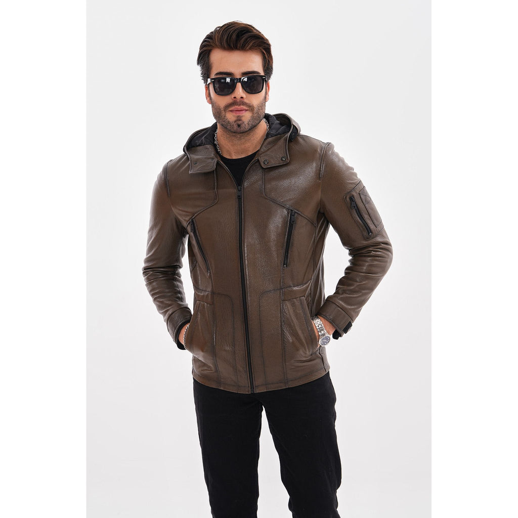 The Veneto Khaki Leather Hooded Men Jacket