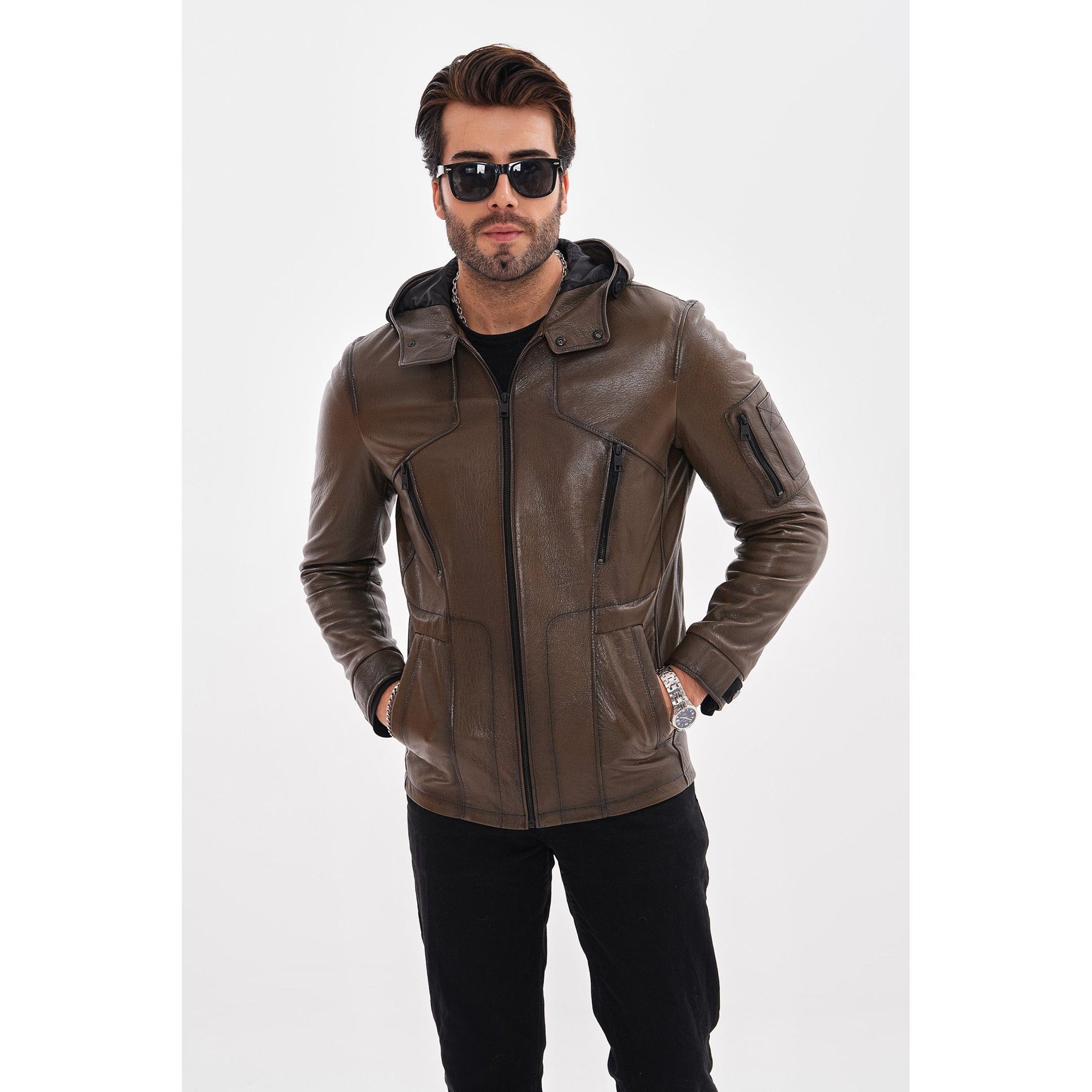 The Veneto Khaki Leather Hooded Men Jacket