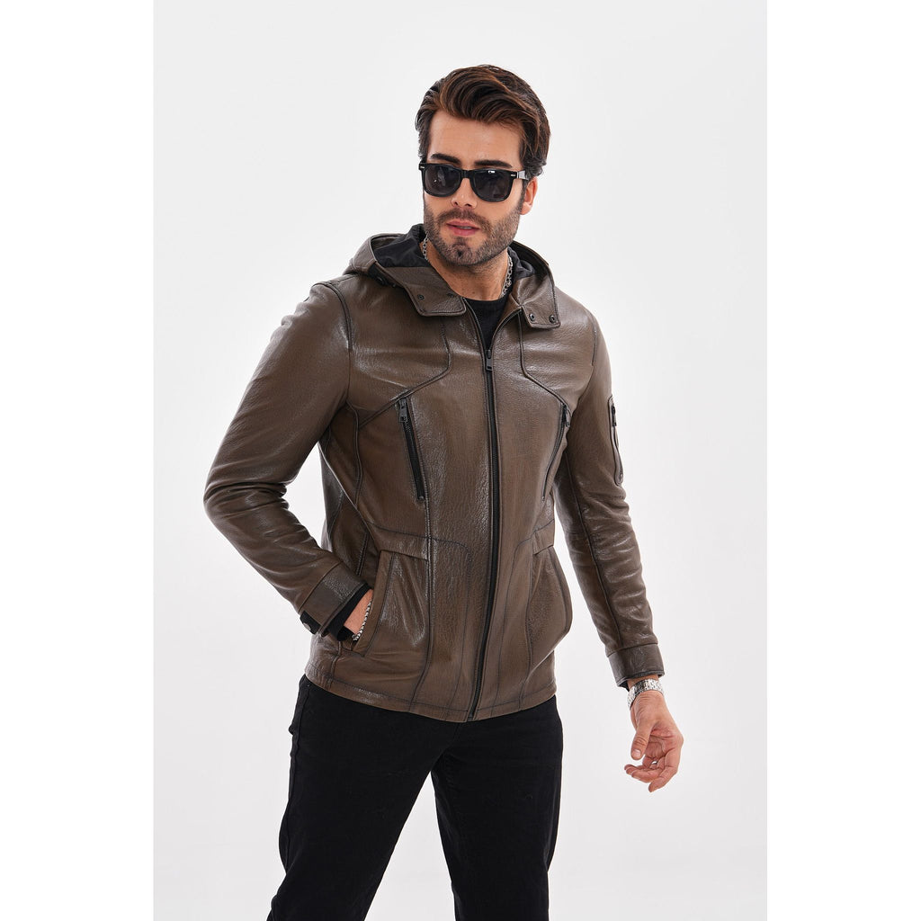 The Veneto Khaki Leather Hooded Men Jacket