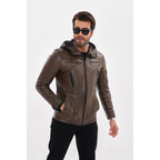 The Veneto Khaki Leather Hooded Men Jacket