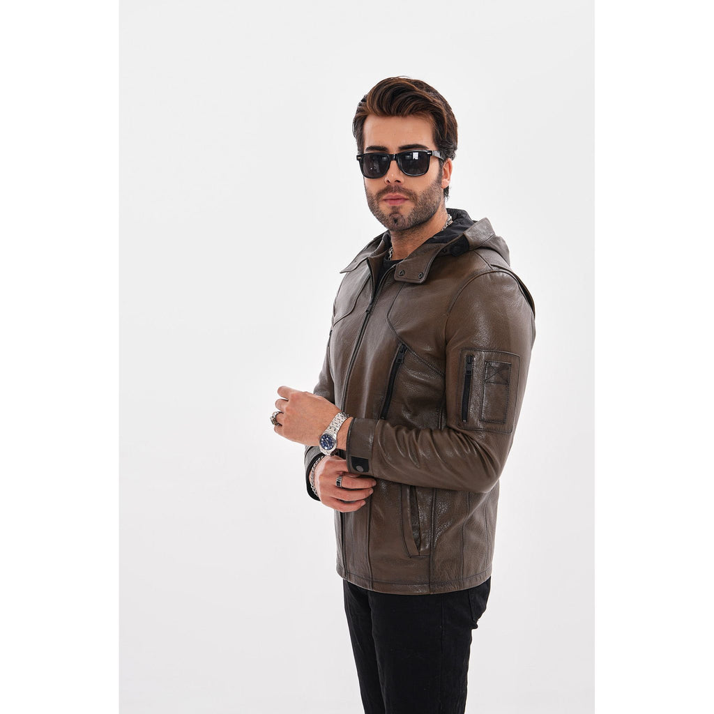 The Veneto Khaki Leather Hooded Men Jacket