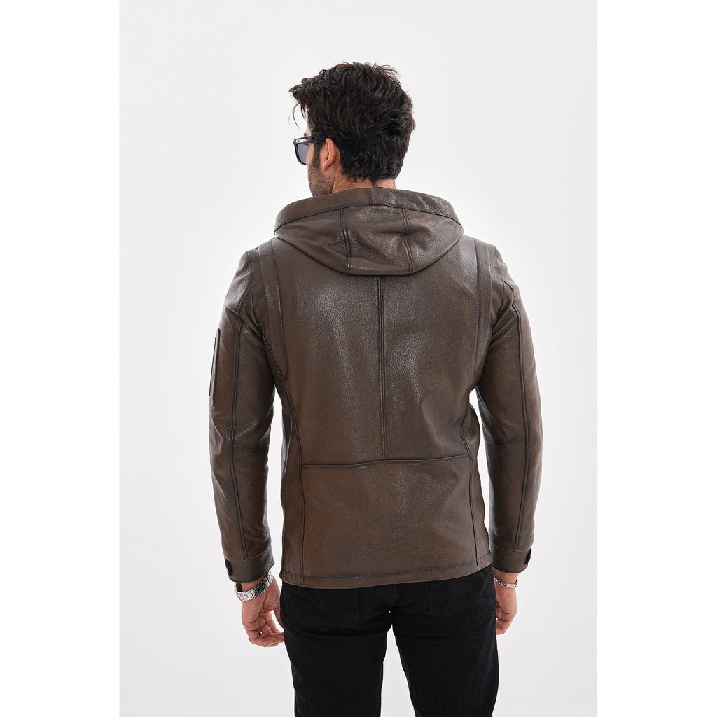 The Veneto Khaki Leather Hooded Men Jacket
