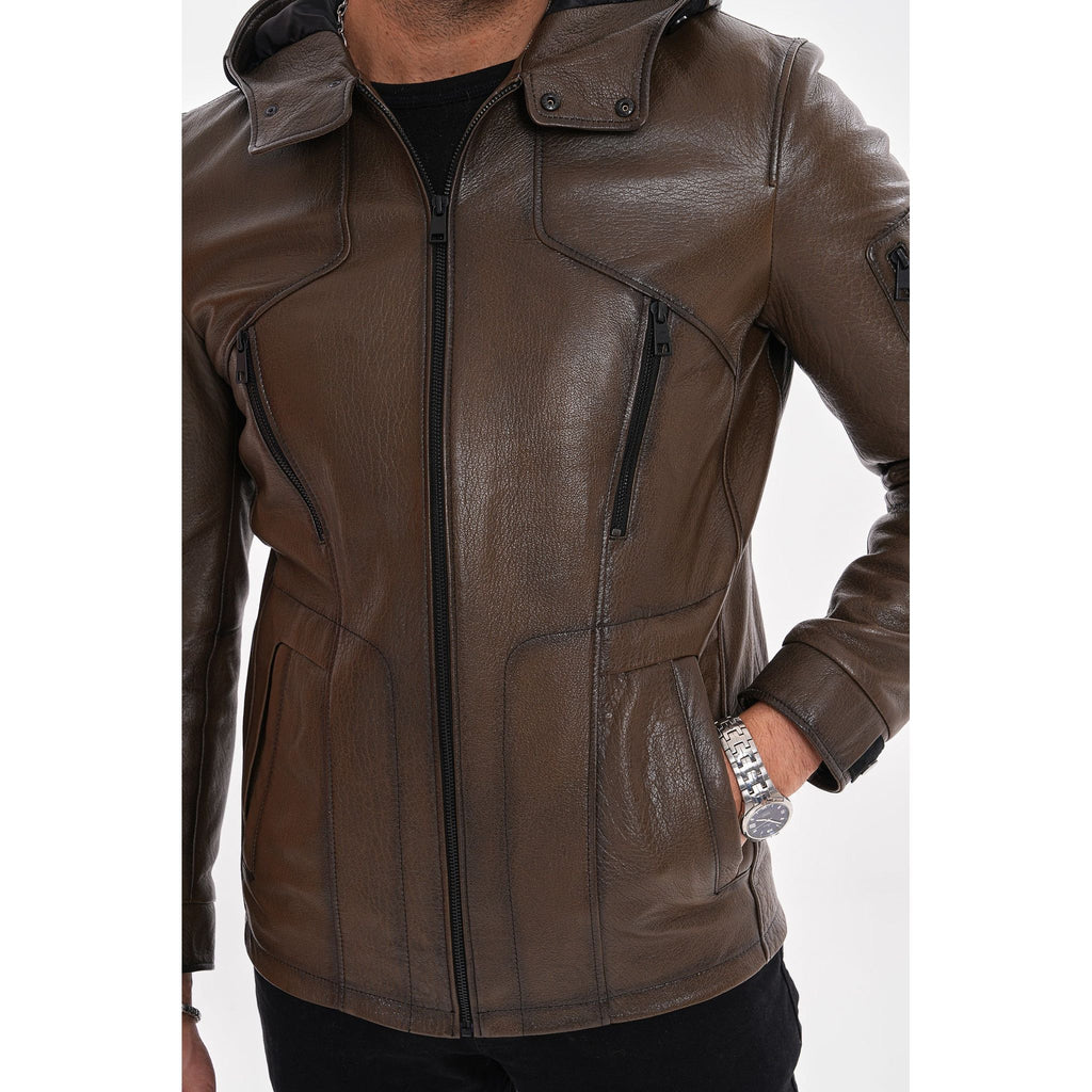 The Veneto Khaki Leather Hooded Men Jacket