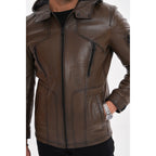 The Veneto Khaki Leather Hooded Men Jacket