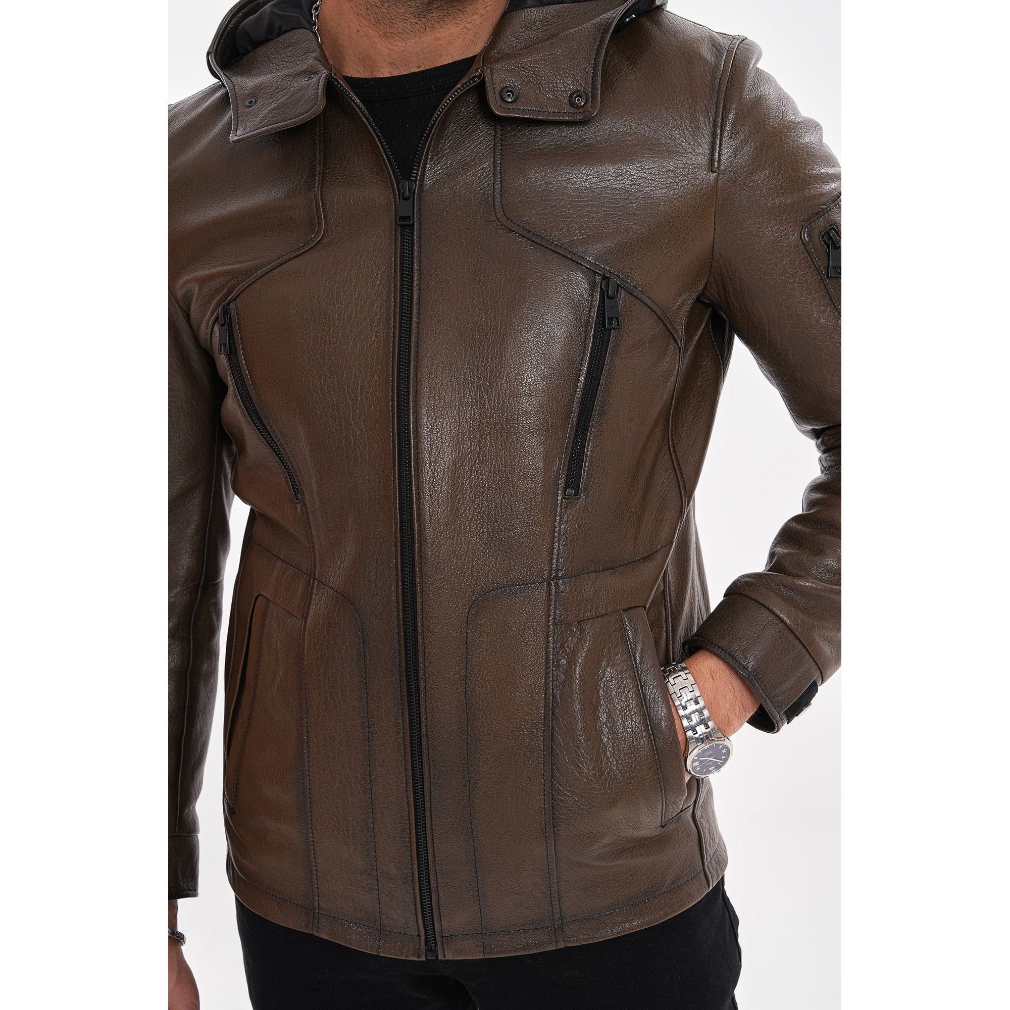 The Veneto Khaki Leather Hooded Men Jacket