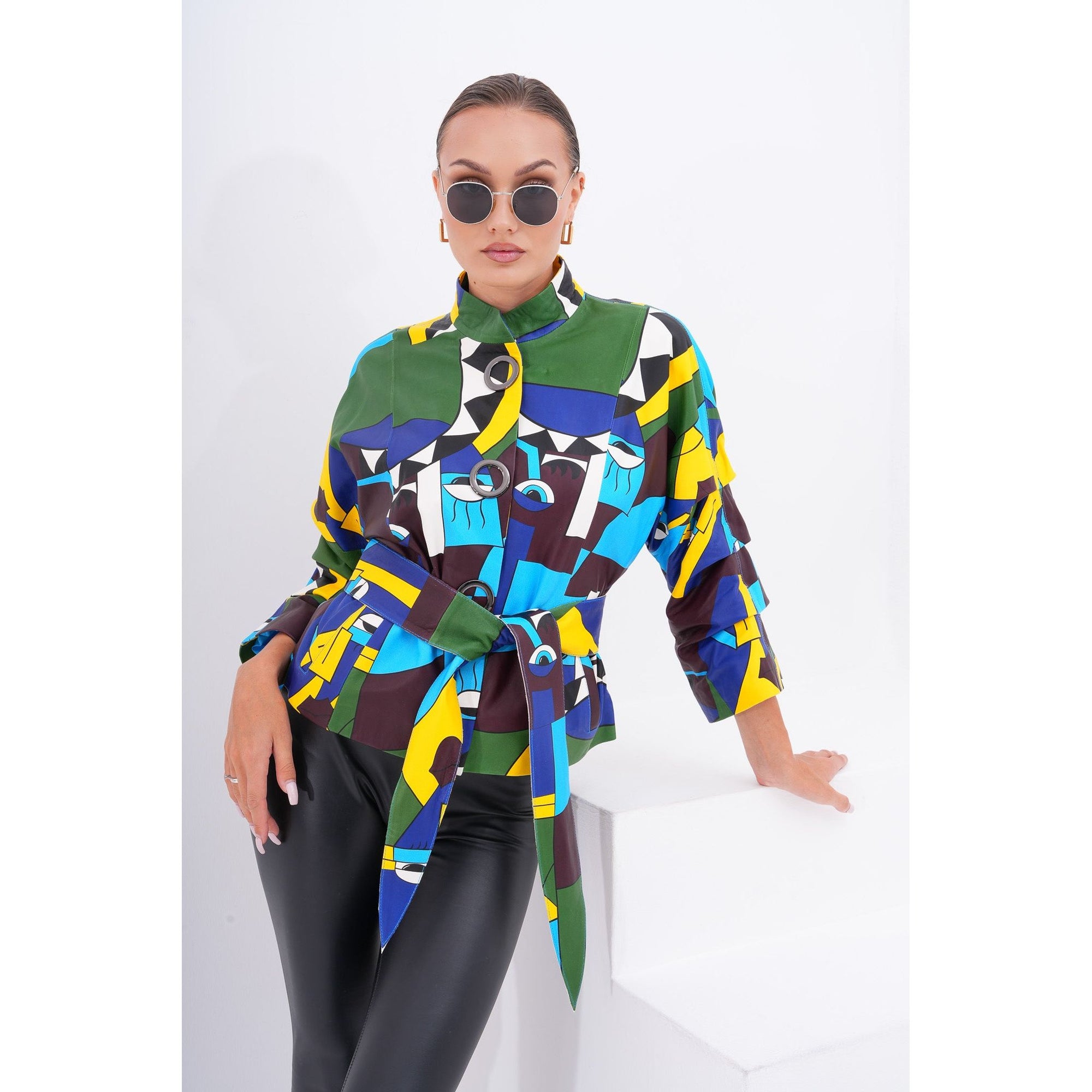 The Odessa Geometric Art Leather Women Jacket