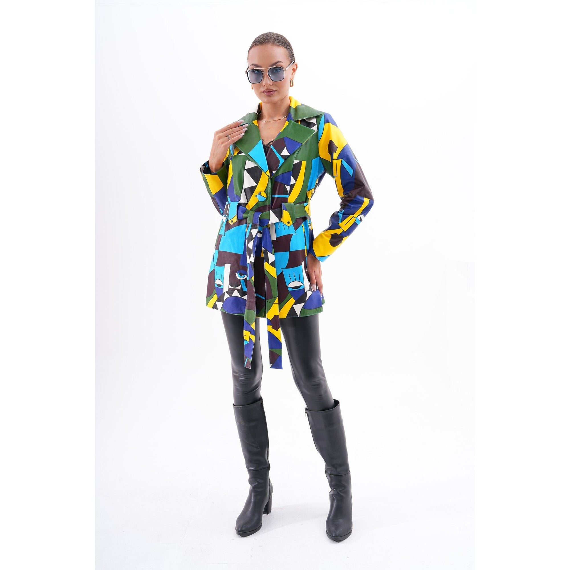 Sienna Abstract Art Leather Women Jacket – Blue Green Edition