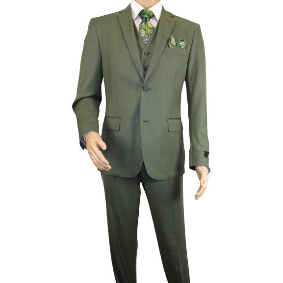 Men's VITALI Three Piece Suit Vested Sharkskin Sheen Vented M3090 Olive Green