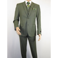 Men's VITALI Three Piece Suit Vested Sharkskin Sheen Vented M3090 Olive Green