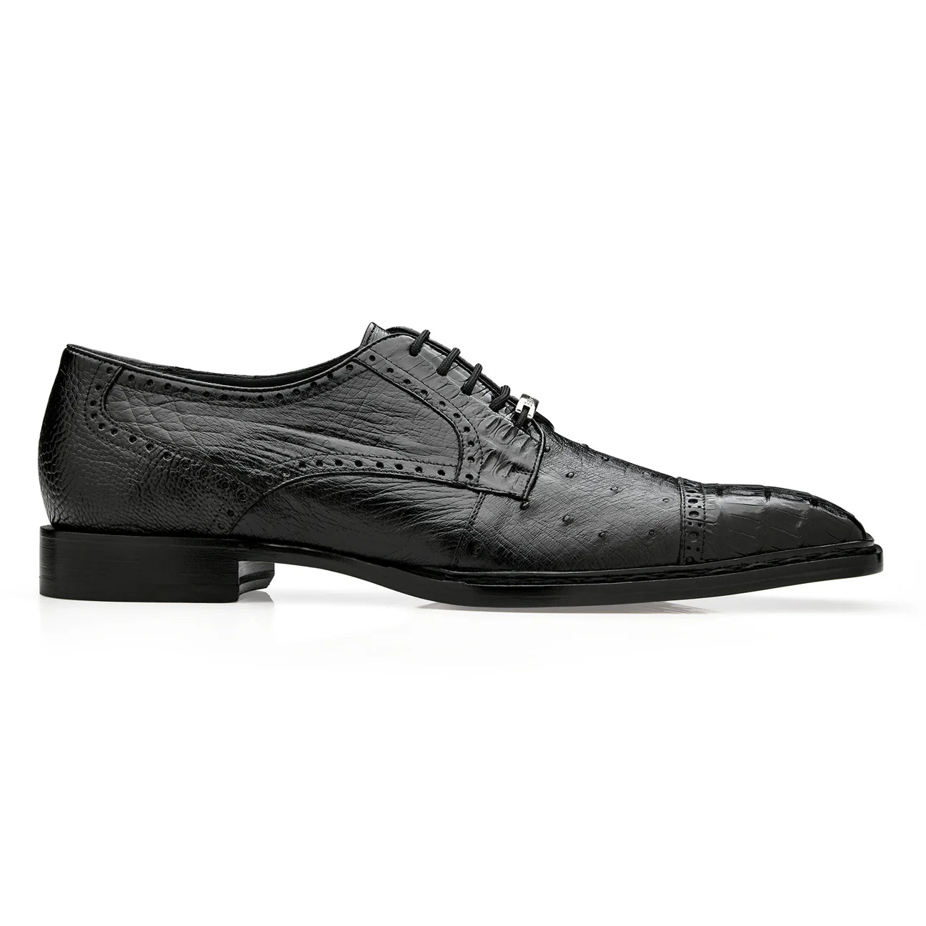 Belvedere Men's Shoes Martino Genuine Caiman Crocodile and Ostrich Quill Blucher Black R104