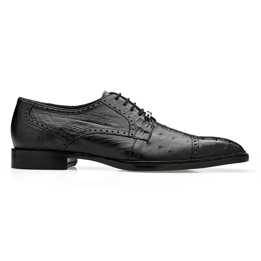 Belvedere Men's Shoes Martino Genuine Caiman Crocodile and Ostrich Quill Blucher Black R104