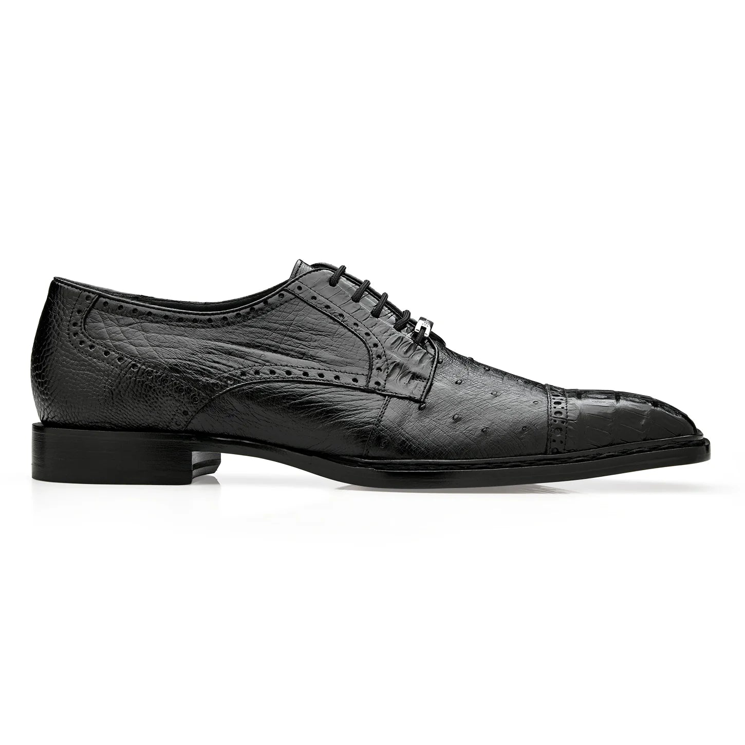 Belvedere Men's Shoes Martino Genuine Caiman Crocodile and Ostrich Quill Blucher Black R104