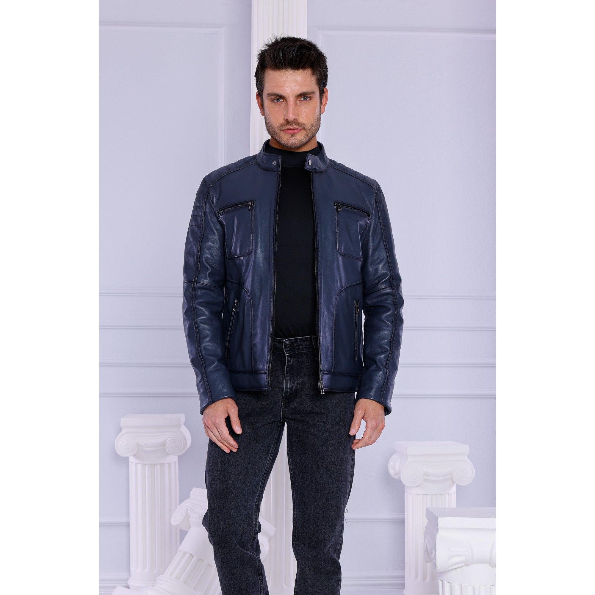 The Argento Navy Blue Leather Jacket