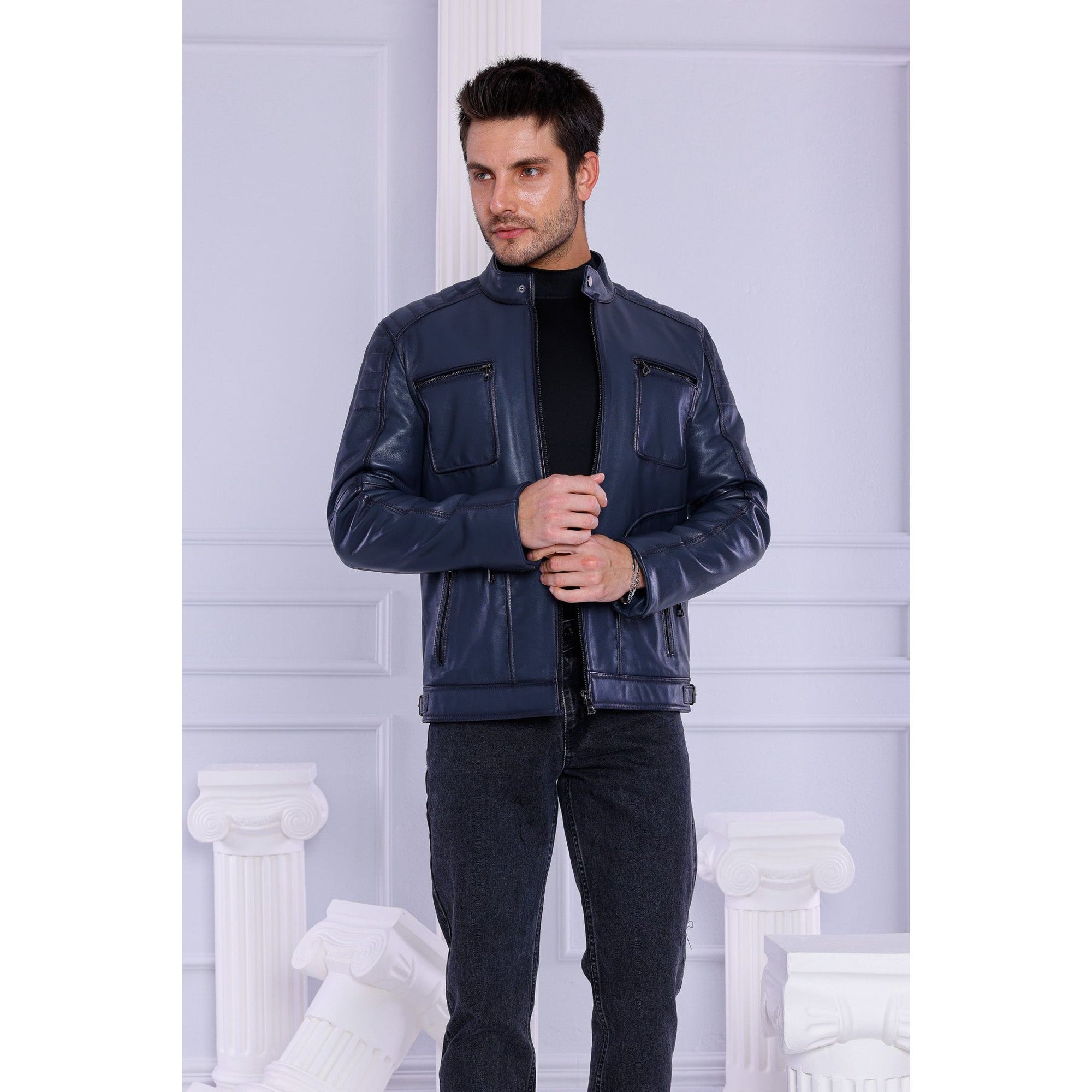 The Argento Navy Blue Leather Jacket