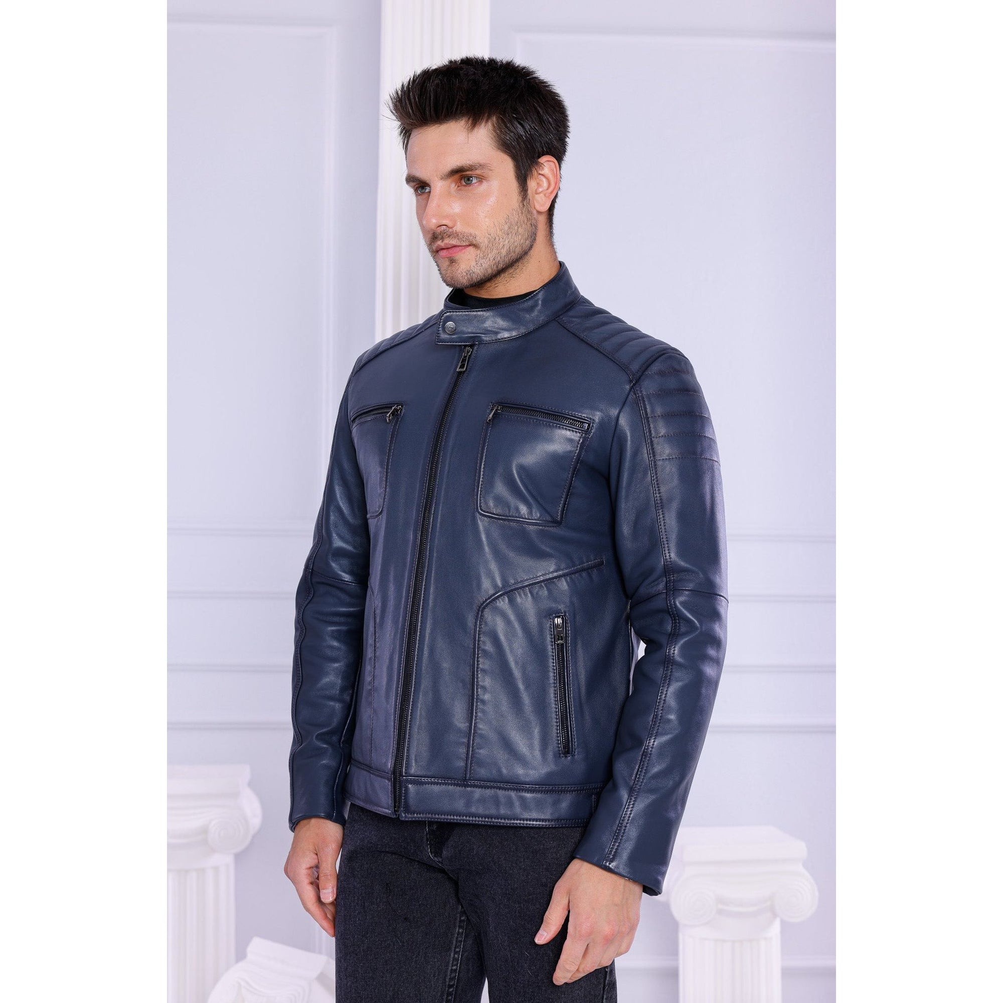 The Argento Navy Blue Leather Jacket