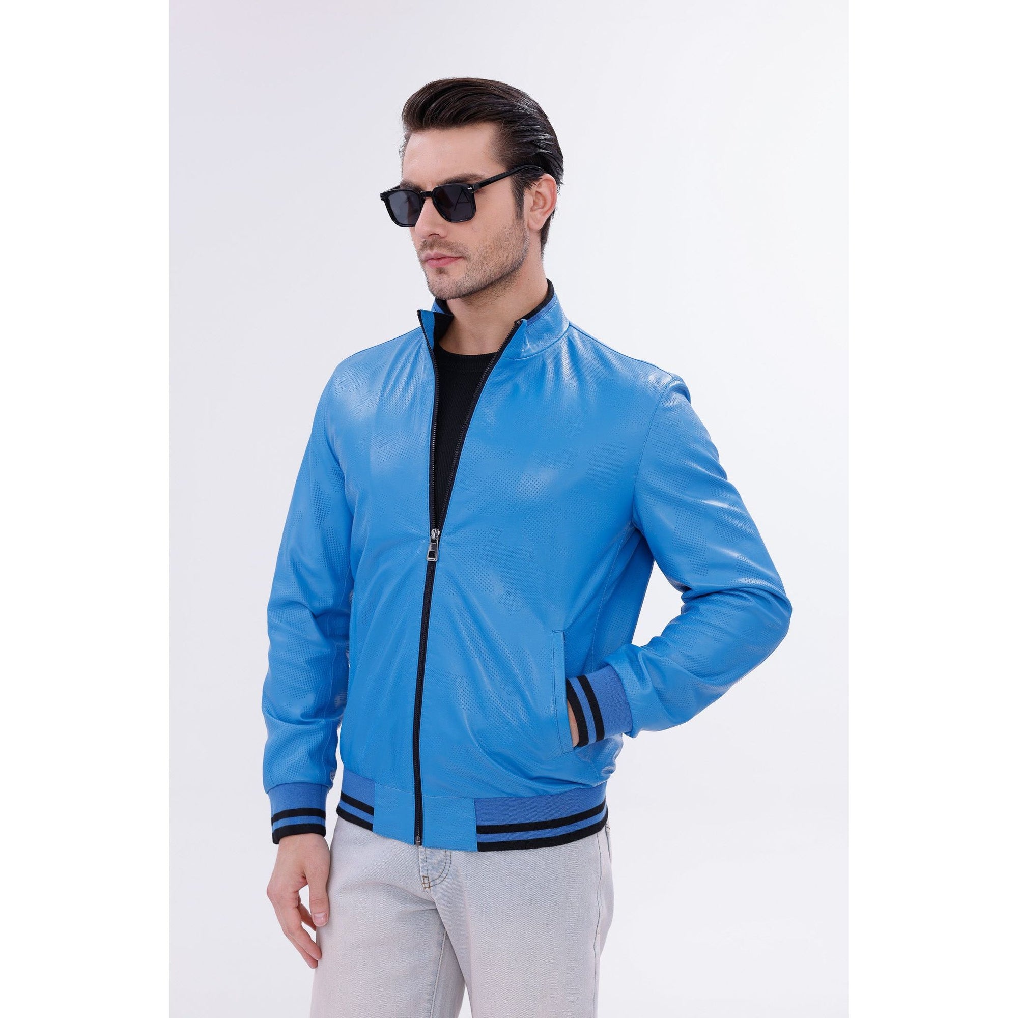 Vinci Monza Blue Lambskin Men Leather Jacket