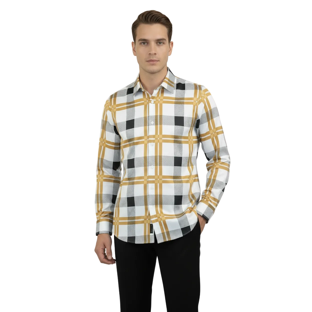 Men's Sports Shirt By Moderno Plaid Fancy Silky Long Sleeves MJLS-809 White