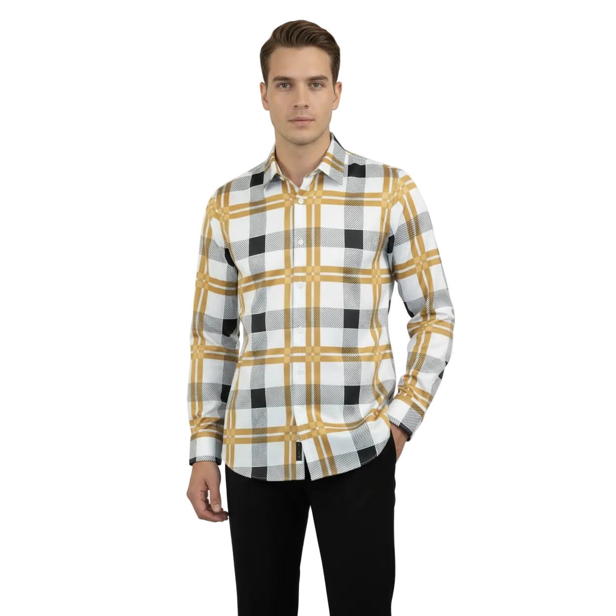 Men's Sports Shirt By Moderno Plaid Fancy Silky Long Sleeves MJLS-809 White