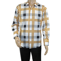 Men's Sports Shirt By Moderno Plaid Fancy Silky Long Sleeves MJLS-809 White