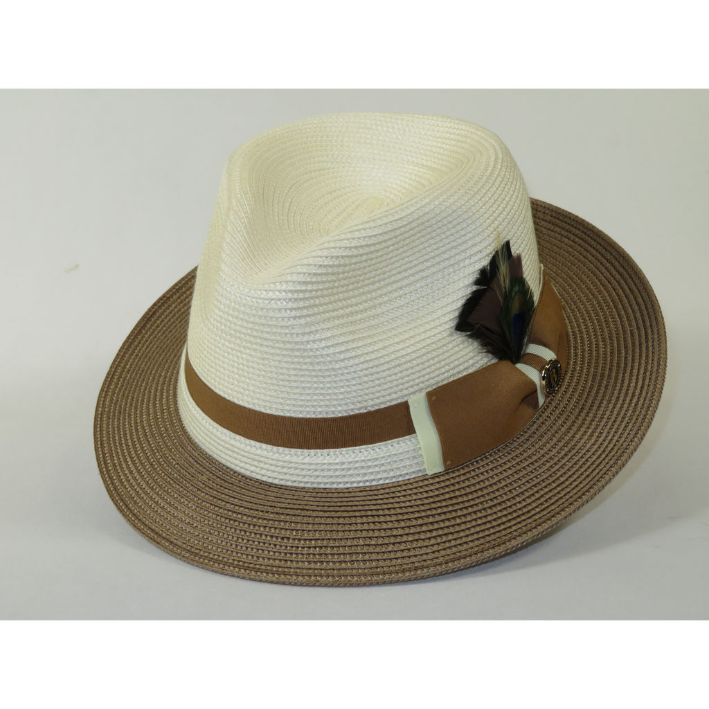 Men's Bruno Capelo 2-Tone Braided Straw Fedora Hat Main Street MS472 Ivory/Cognac