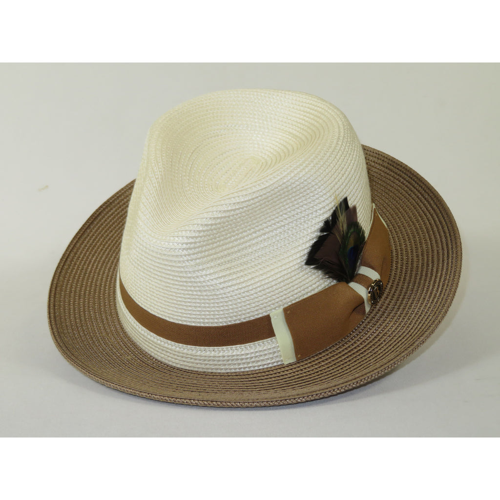 Men's Bruno Capelo 2-Tone Braided Straw Fedora Hat Main Street MS472 Ivory/Cognac