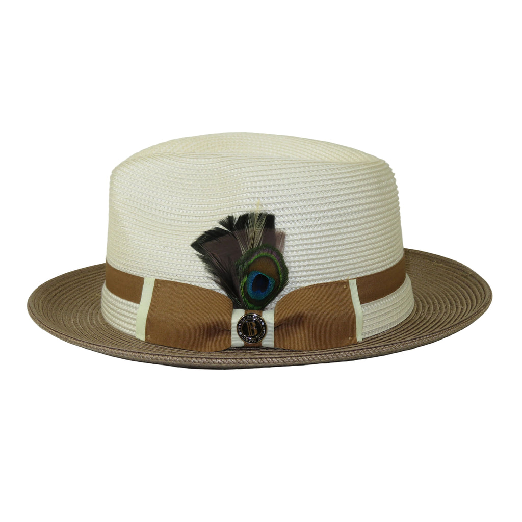 Men's Bruno Capelo 2-Tone Braided Straw Fedora Hat Main Street MS472 Ivory/Cognac