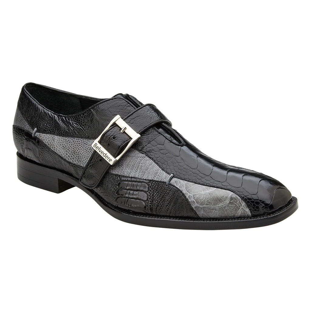 Belvedere Shoes Marte Genuine Ostrich Leg Single Buckle Monk Strap Ocean R810 Black Gray