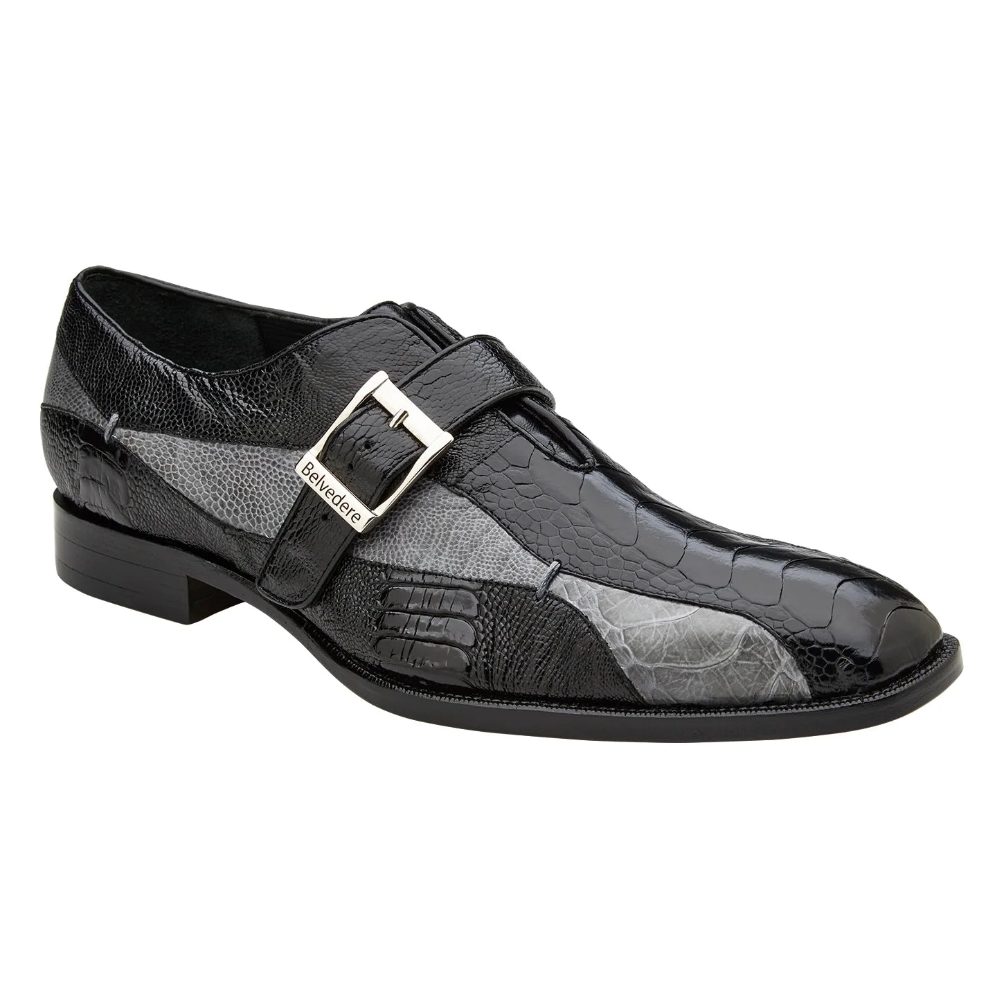 Belvedere Shoes Marte Genuine Ostrich Leg Single Buckle Monk Strap Ocean R810 Black Gray