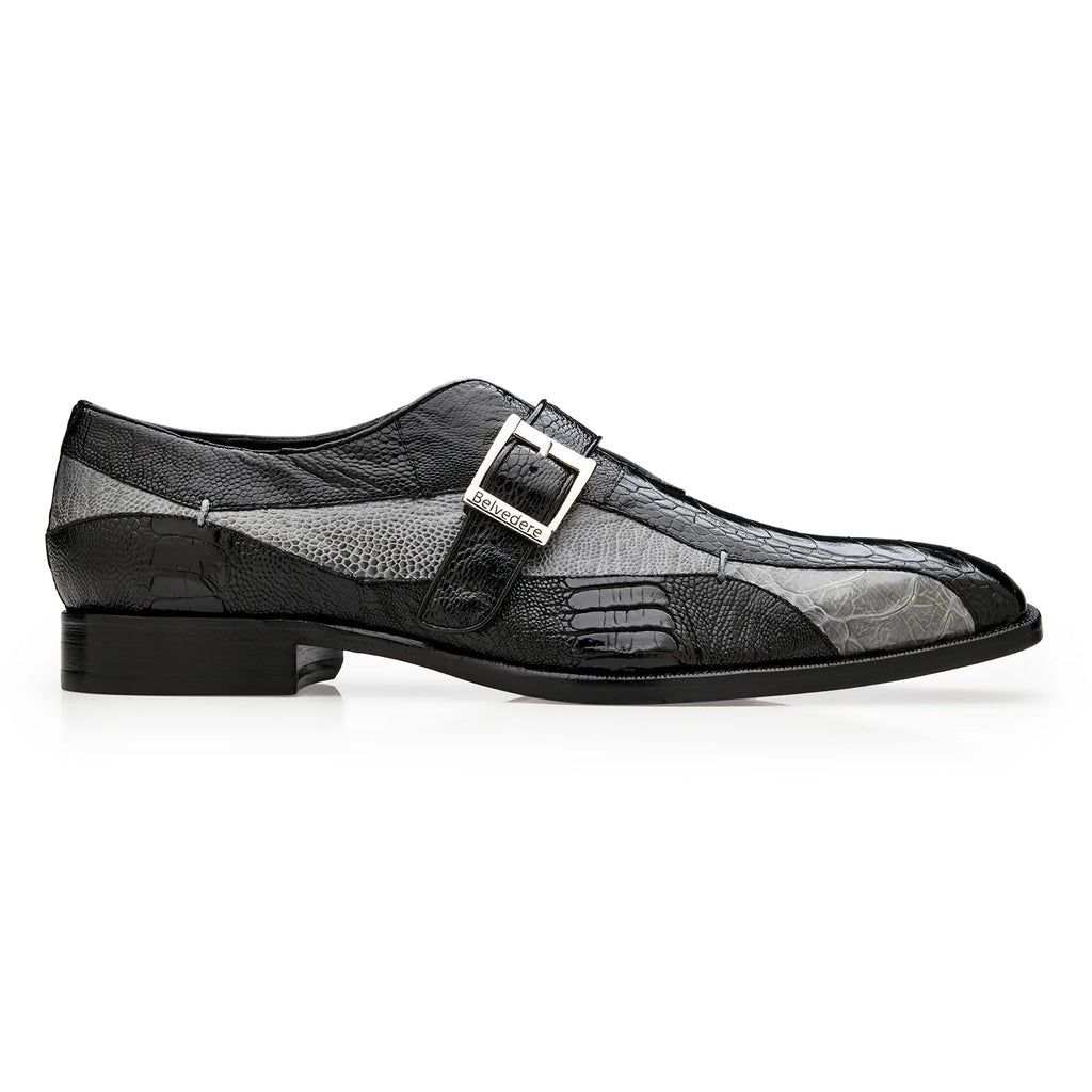 Belvedere Shoes Marte Genuine Ostrich Leg Single Buckle Monk Strap Ocean R810 Black Gray