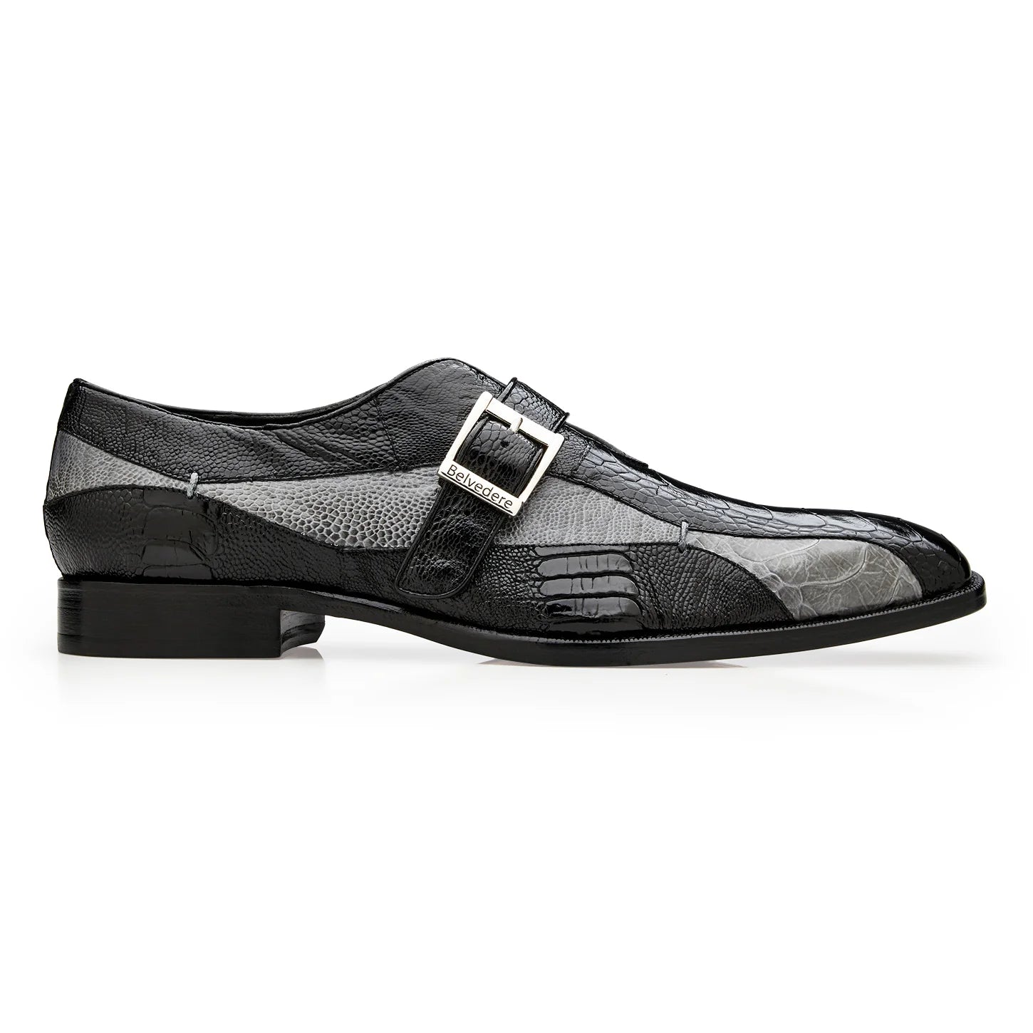 Belvedere Shoes Marte Genuine Ostrich Leg Single Buckle Monk Strap Ocean R810 Black Gray