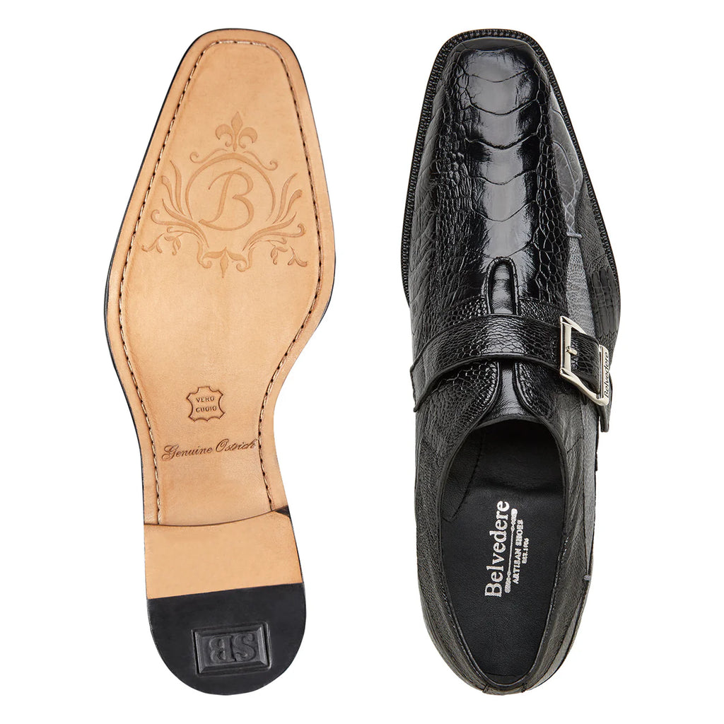 Belvedere Shoes Marte Genuine Ostrich Leg Single Buckle Monk Strap Ocean R810 Black Gray