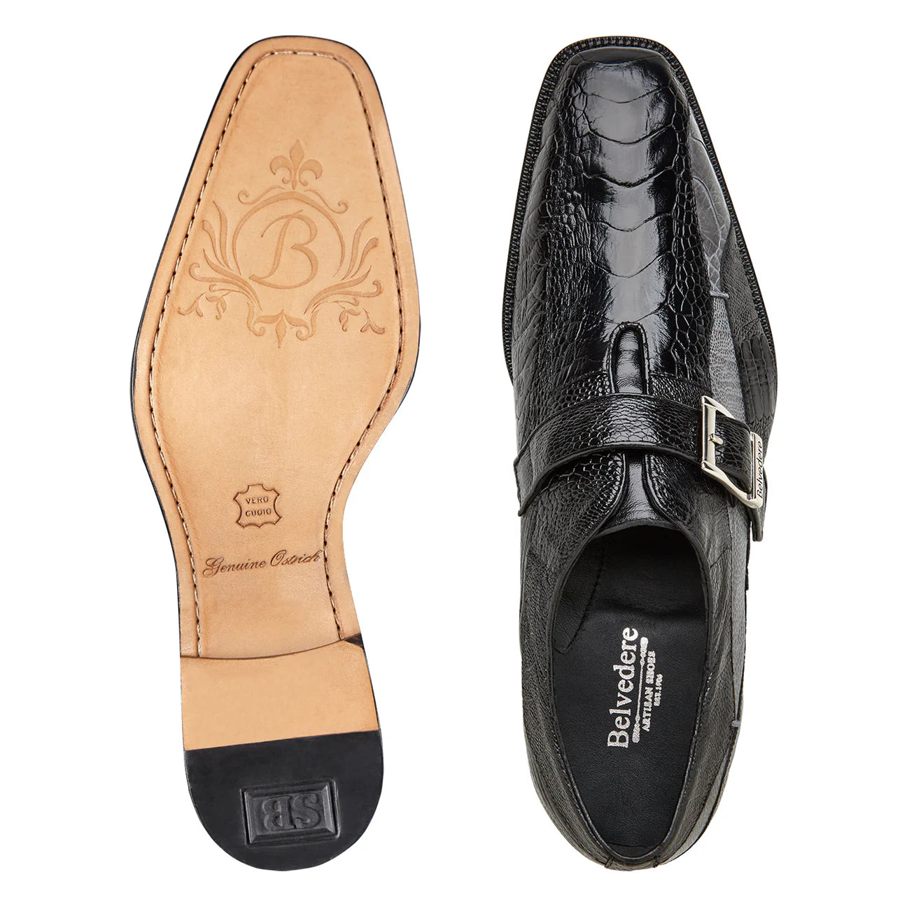 Belvedere Shoes Marte Genuine Ostrich Leg Single Buckle Monk Strap Ocean R810 Black Gray