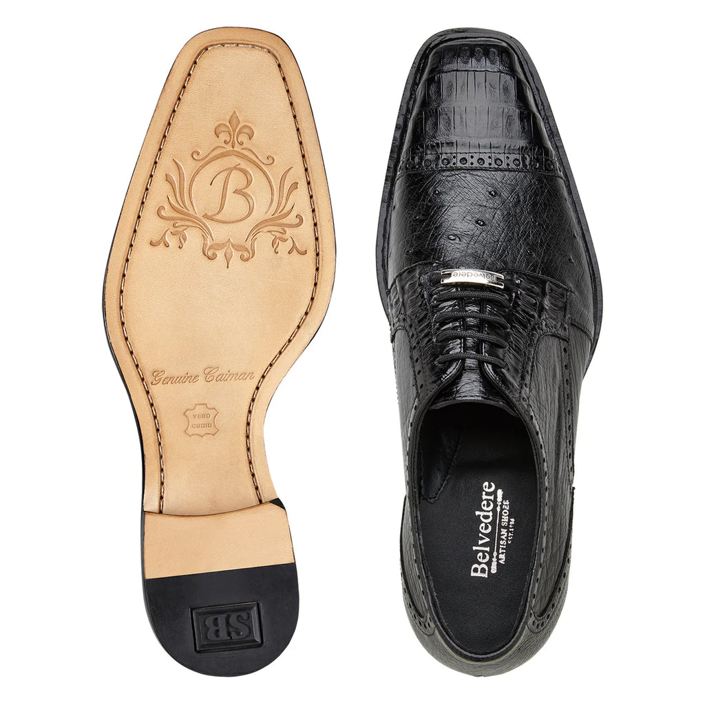 Belvedere Men's Shoes Martino Genuine Caiman Crocodile and Ostrich Quill Blucher Black R104
