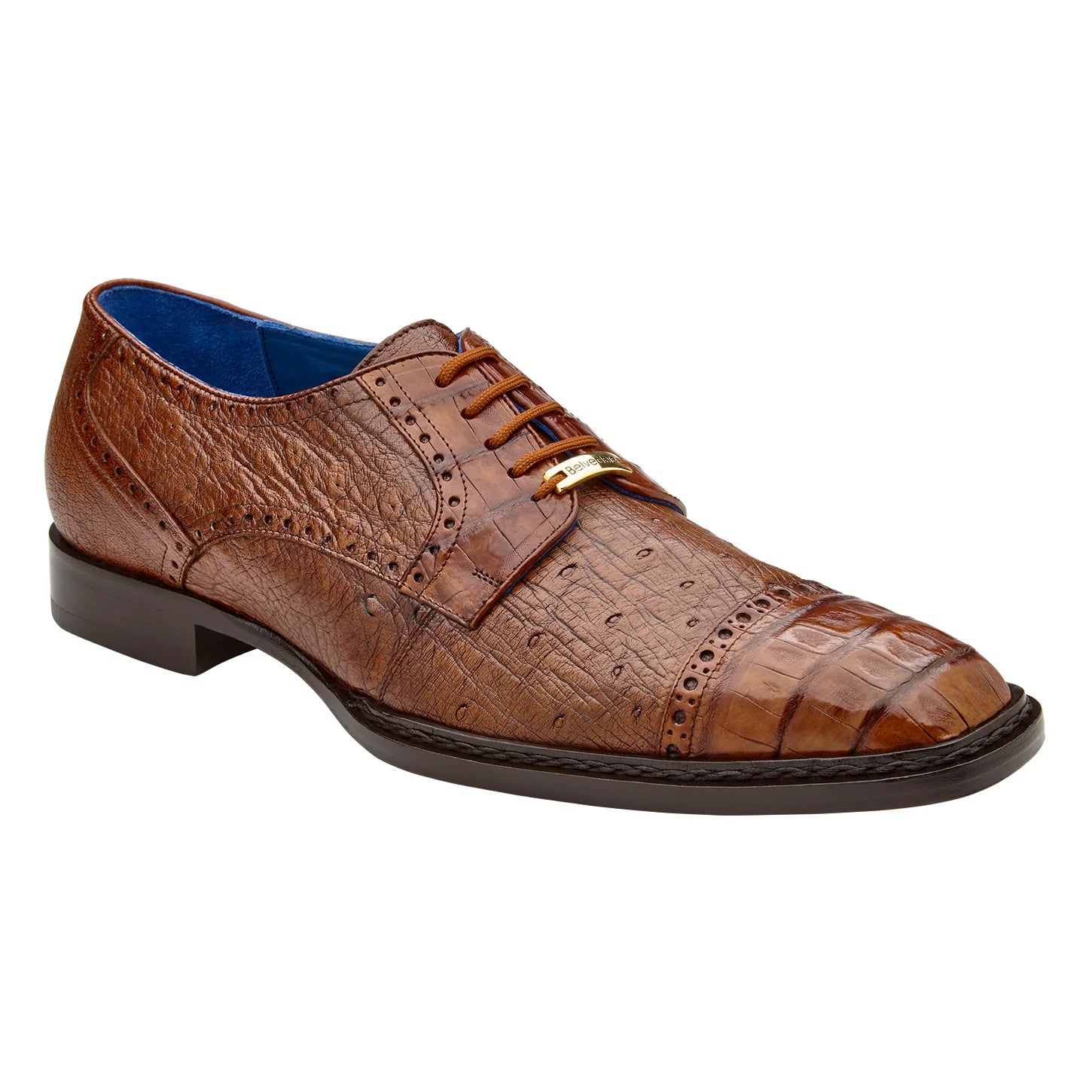 Belvedere Men's Shoes Martino Genuine Caiman Crocodile and Ostrich Quill Blucher Walnut R104